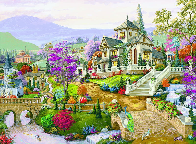 Hillside Retreat, house, bridge, painting, village, flowers, river, church, artwork, hills, HD wallpaper