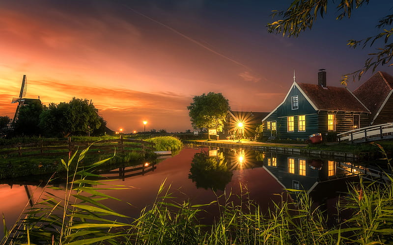 Evening in Netherlands, house, windmill, Netherlands, canal, dusk, evening, light, HD wallpaper