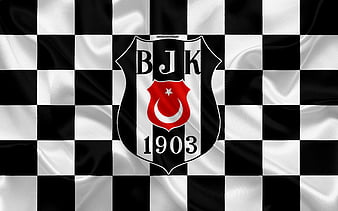 Besiktas JK, black silk flag, logo, white lines, Turkish football club,  silk textur, HD wallpaper