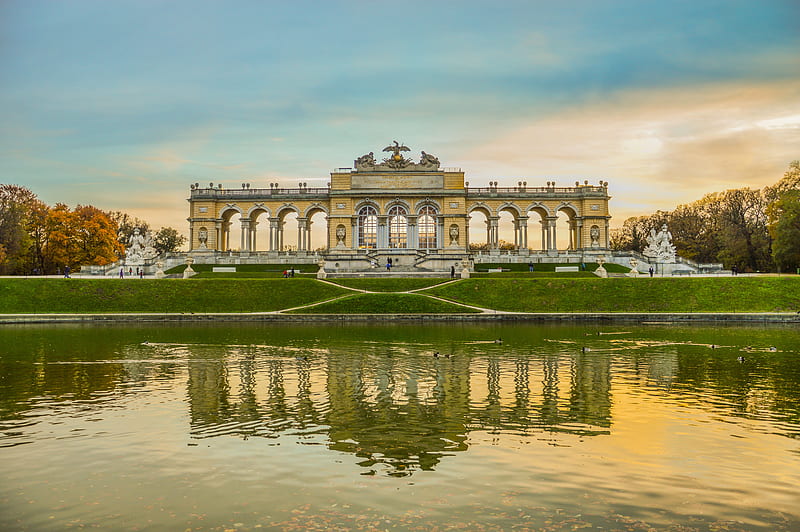 Summer Garden, pretty, warm, glow, tourism, imperial, architectual, sunset, palace, royal, water, baroque, cultural, Vienna, austria, historical, HD wallpaper