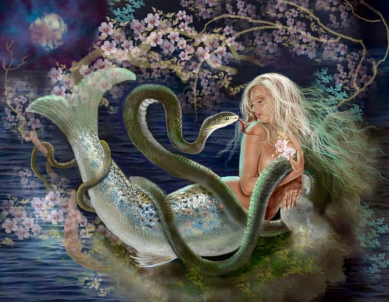 Mermaid and a Snake, pretty, fantasy, water, Moon, Mermaid, flowers, bonito, snake, HD wallpaper