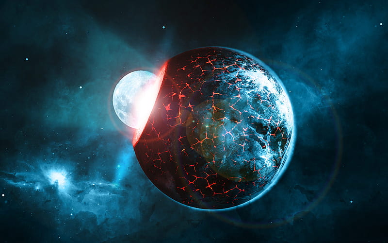 Explosion of Earth, asteroid collision, apocalypse, destruction of planets, galaxy, stars, explosion of planet, sci-fi, universe, planets, Earth, asteroids, HD wallpaper