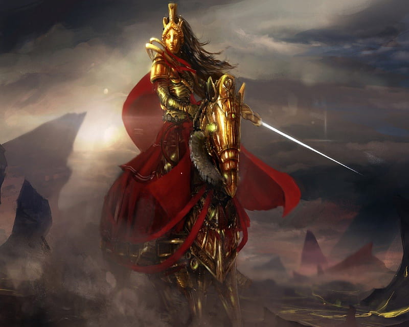 Gloden Queen, Horse, Sword, Woman, Armour, Fantasy, HD wallpaper