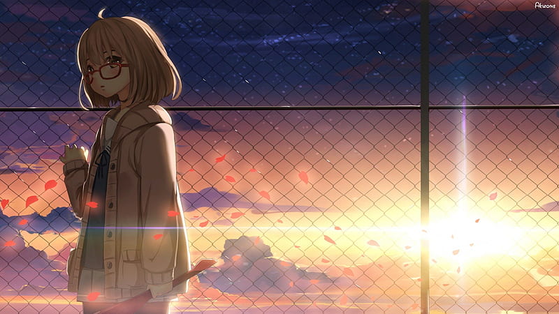 Sunset, sun, sunlight, glasses, manga, girl, Kyoukai no Kanata, anime, Kuriyama Mirai, solo, HD wallpaper