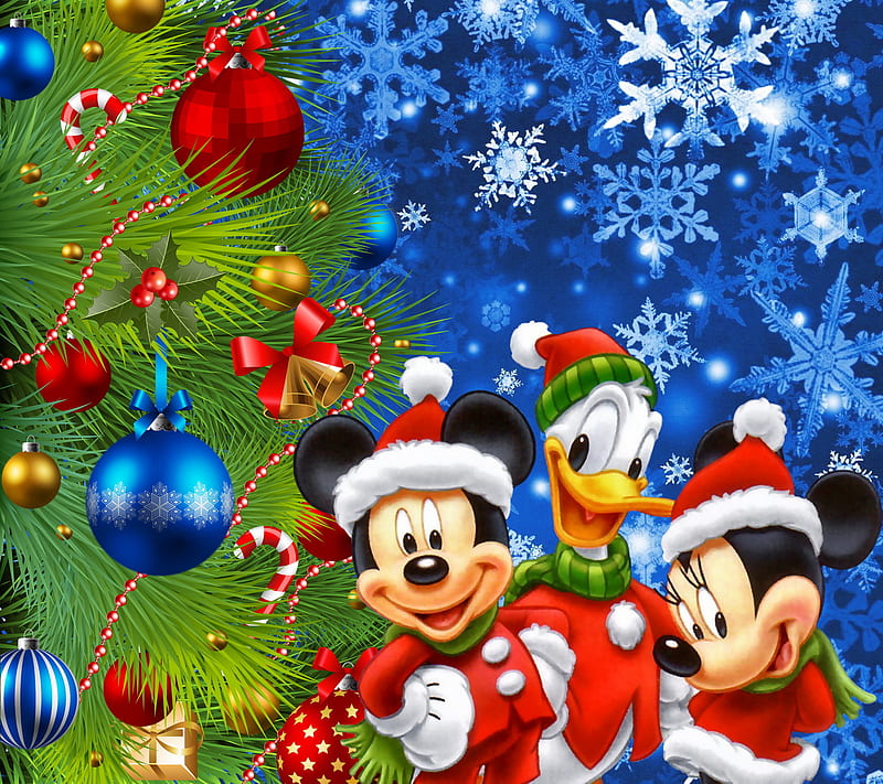 Disney Christmas, balls, fir tree, merry, mickey, mouse, snowflakes, HD wallpaper