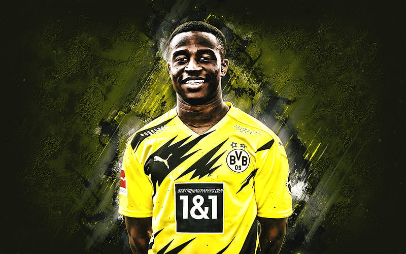 Youssoufa Moukoko, Borussia Dortmund, German football player, portrait, yellow stone background, football, BVB, HD wallpaper