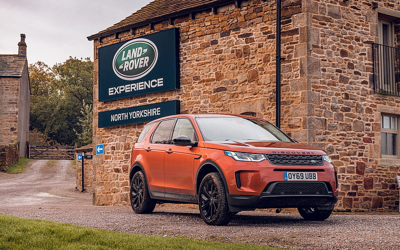 Land Rover Discovery Sport, 2020, D180, front view, exterior, orange SUV, new orange Discovery Sport, British cars, Land Rover, HD wallpaper