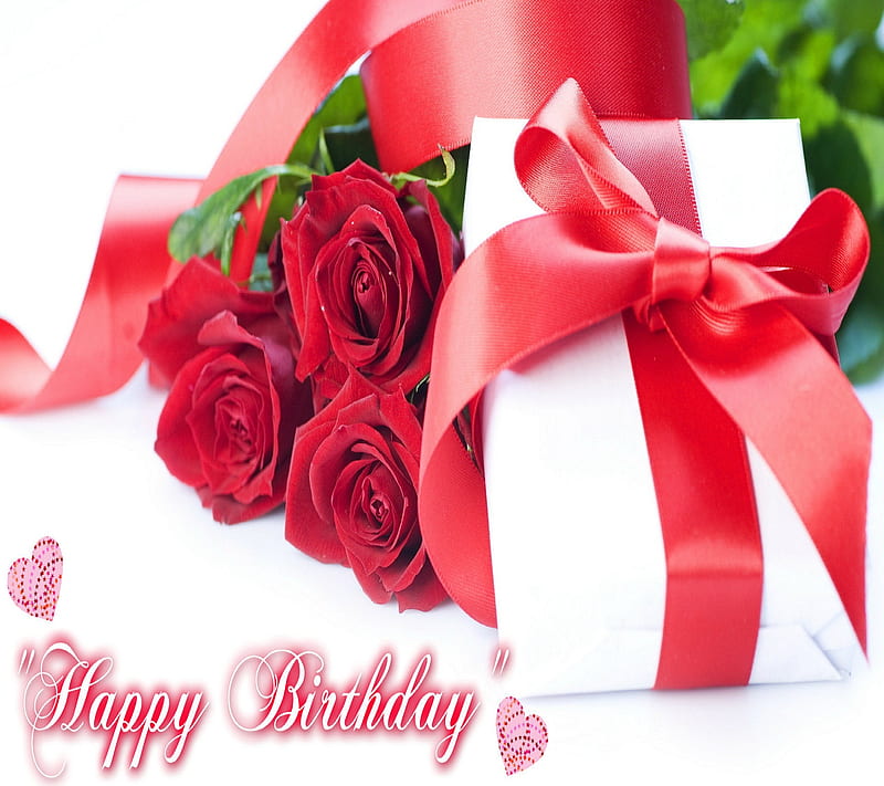 Happy birtay, cute, gift, heart, red rose, rose, HD wallpaper