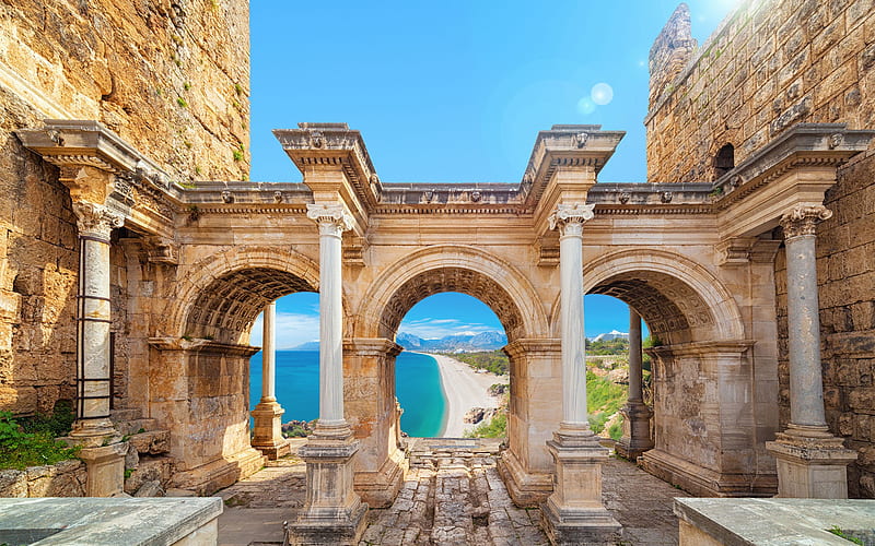 Antalya, old buildings, columns, stone arch, coast, Antalya beaches, summer travel, resorts of Turkey, Antalya landmarks, Turkey, HD wallpaper