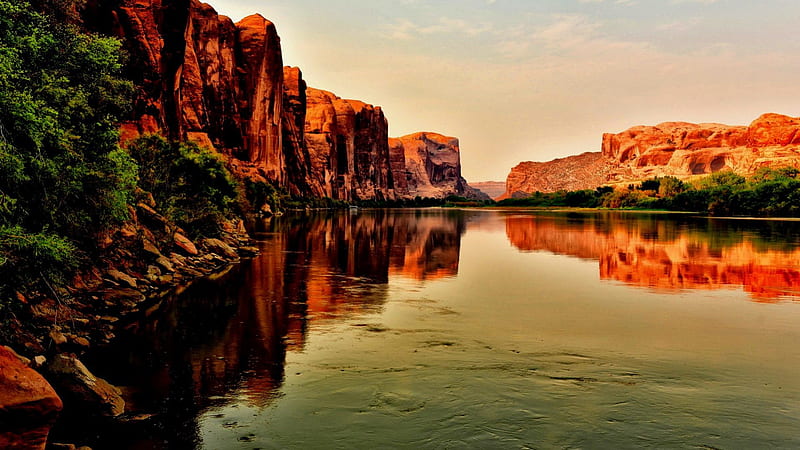 mighty river in a red canyon r, cliffs, rive, r, reflection, canyon, HD wallpaper