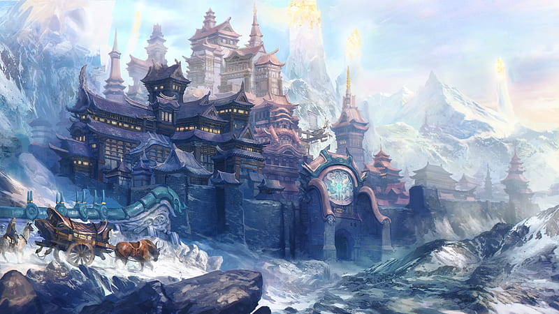 Castle, art, fantasy, white, blue, winter, HD wallpaper