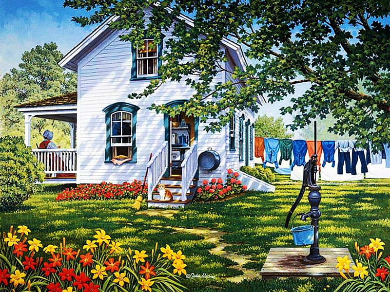 Grandma's House, tree, painting, flowers, garden, cat, pump, HD wallpaper