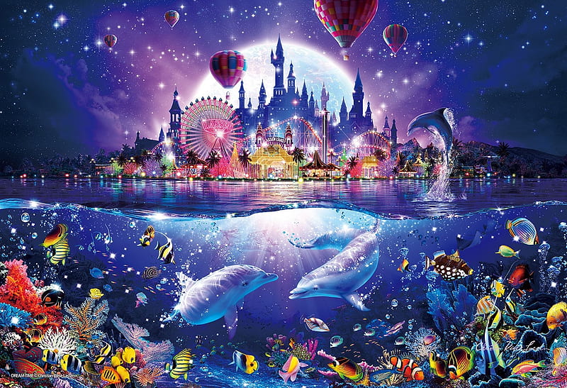 Wonderland, moon, luminos, fish, coral, dolphin, fantasy, moon, water, hot air balloon, painting, summer, pictura, castle, blue, HD wallpaper