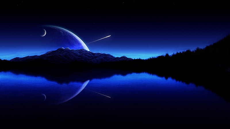 ~Mirror~, sky, lake, moon, mountains, nature, mirror, reflection, scene, landscape, blue, night, HD wallpaper