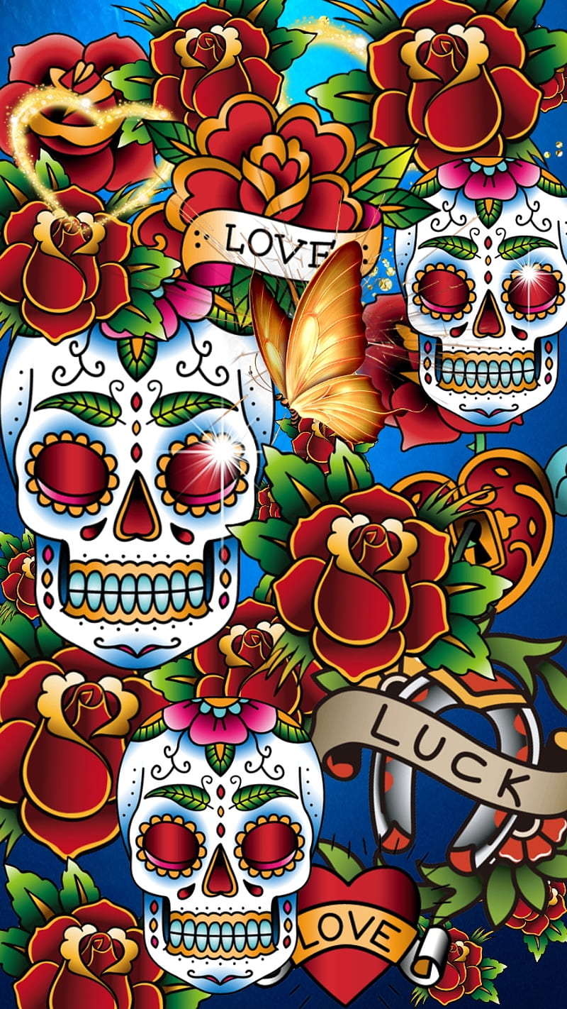 Strictly Love, art, flowers, pop, red, roses, skull, sugar, themes, white, HD phone wallpaper