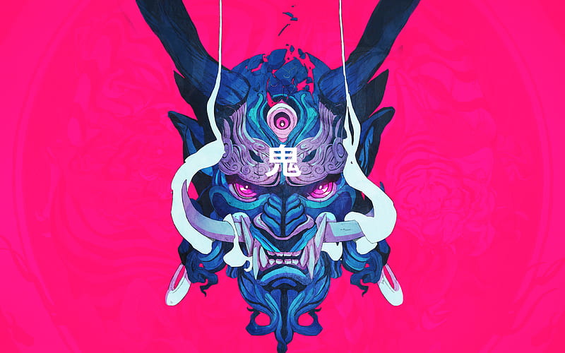 Demon, abstract, art, blue, eyes, japanese art, pink, purple, samurai, warriors, HD wallpaper