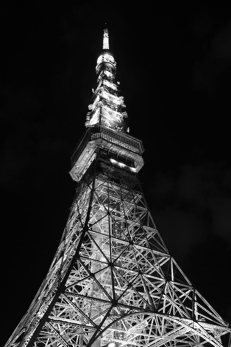 tower, bw, night, lights, desenho, architecture, HD phone wallpaper