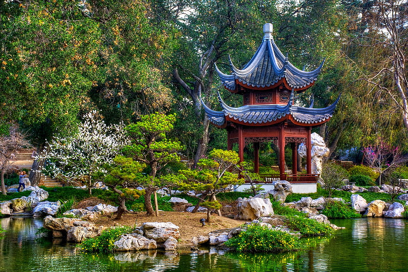 Japanese Garden, pond, garden, spring, trees, HD wallpaper