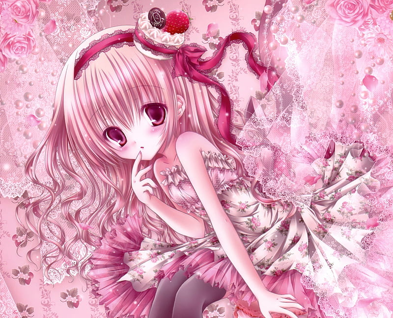 Pink Pink, pretty, dress, adore, adorabel, sweet, anime, anime girl, pink, female, lovely, ribbon, gown, short hair, cute, kawaii, girl, pink hair, red eyes, HD wallpaper