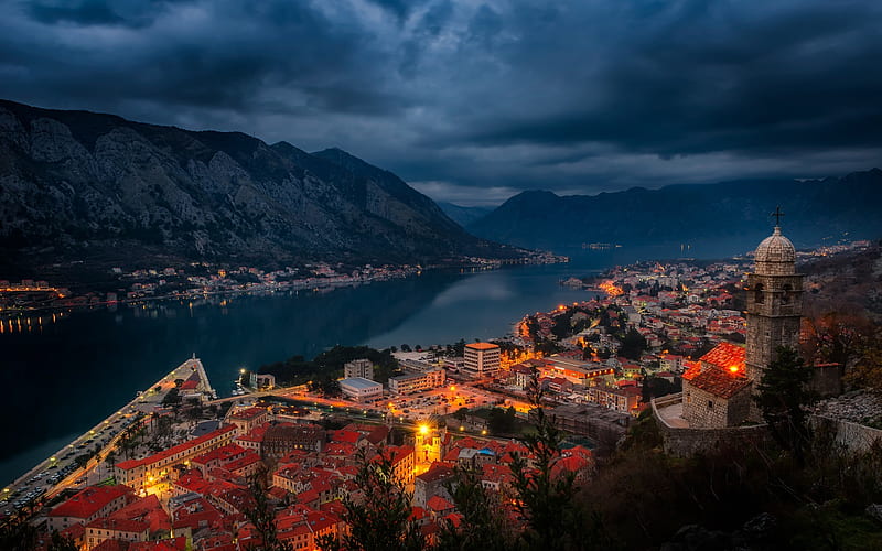 Kotor, Montenegro, evening, city lights, fjord, Kotor bay, HD wallpaper