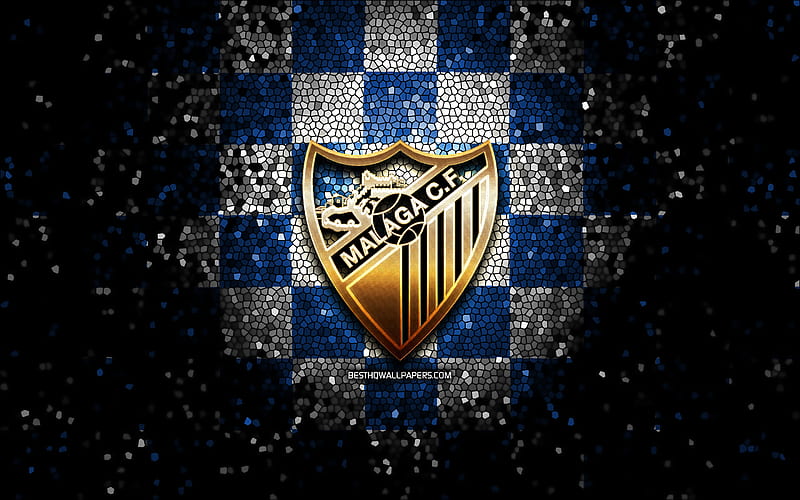 Malaga FC, glitter logo, La Liga 2, blue white checkered background, Segunda, soccer, spanish football club, Malaga logo, mosaic art, football, LaLiga 2, Malaga CF, HD wallpaper