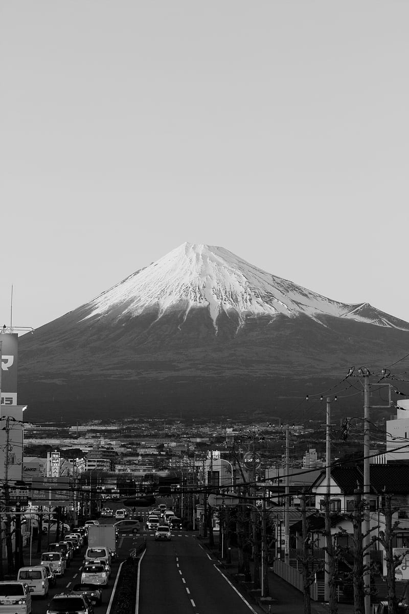 mountains, Mount Fuji, japan, monochrome, portrait display, city, car, road, HD phone wallpaper