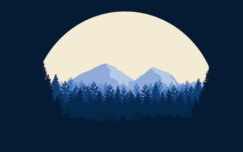 moon, mountains, forest, minimal, HD wallpaper