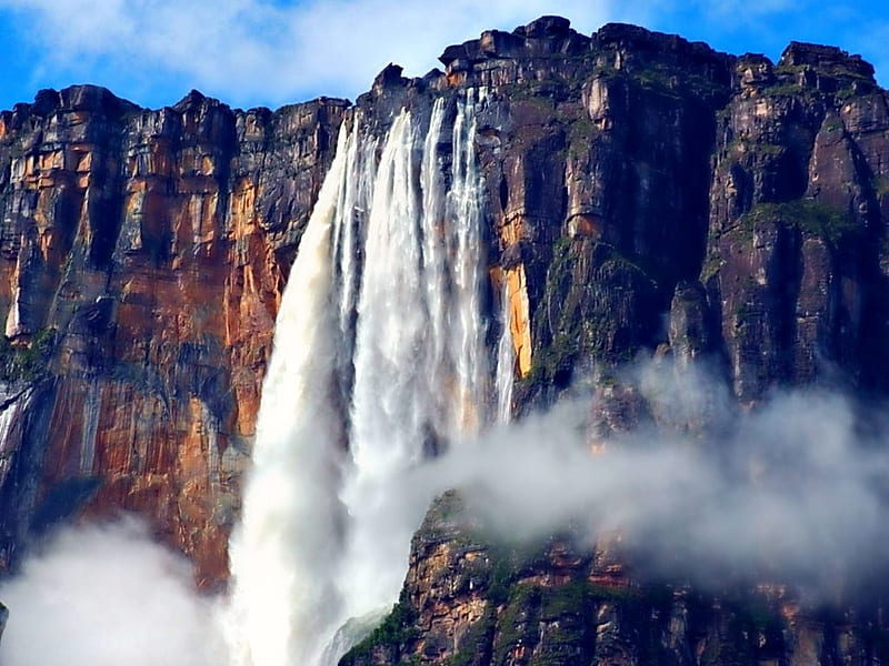 Angel Falls in Venezuela, Venezuela, Waterfall, Boulders, Rocks, Mist, Smoke, Sky, Water, Mountains, Clouds, Canaima National Park, Blue, HD wallpaper