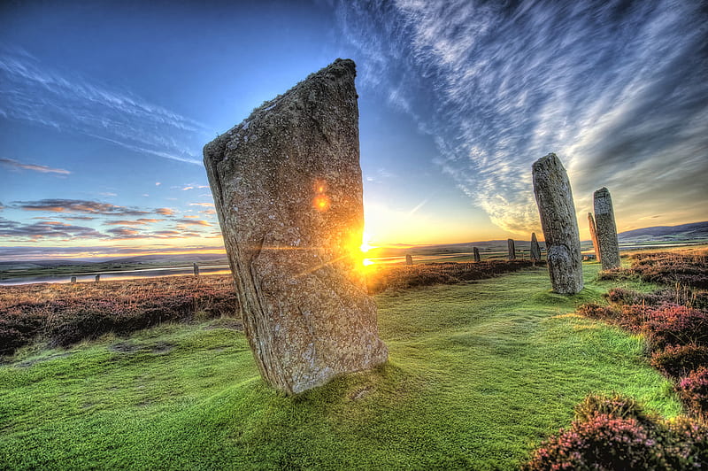 Ring of Brodgar, sun, background, orkney, sunset, magic, clouds, stones, green, beauty, blue, places, sky, abstract, r, nature, popular, scotland, landscape, HD wallpaper