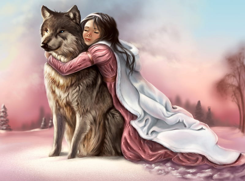 The Lady and her Wolf, predator, love, guardian, woman, artwork, HD wallpaper
