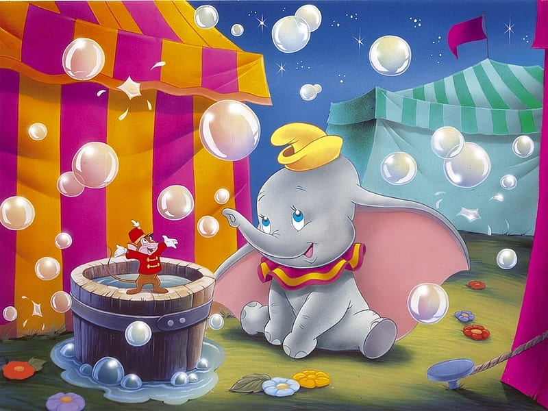 Dumbo, elephant, tent, yellow, circus, mouse, bubbles, pink, disney, HD wallpaper
