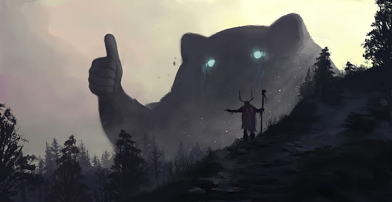Druids Spirits Giant Thumbs Up, artist, artwork, digital-art, artstation, HD wallpaper