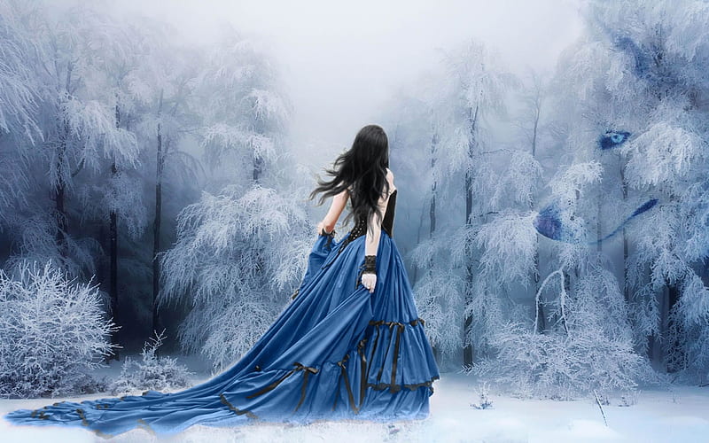 Winter Fantasy, snow, girl, blue, art, dress, digital, HD wallpaper