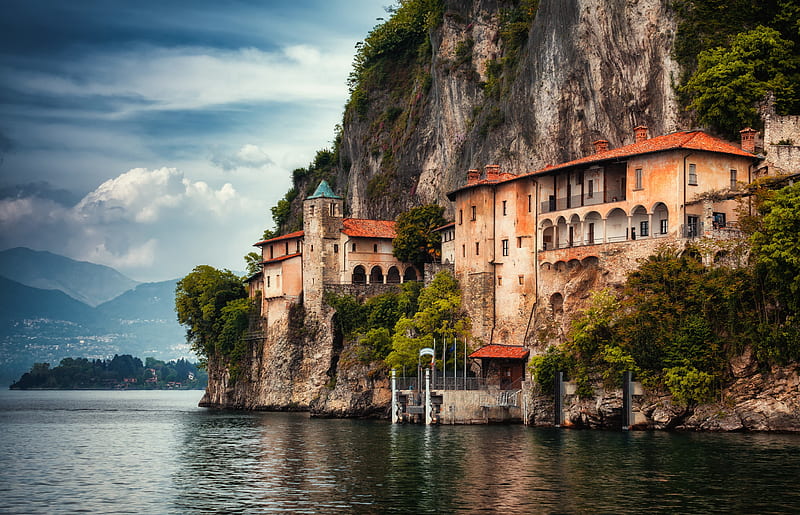 Religious, Monastery, Italy, Lake, Lake Maggiore, Lombardy, Rock, HD wallpaper