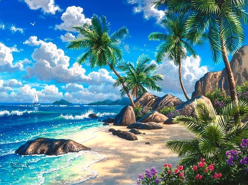 Summer Tropical Paradise, love four seasons, attractions in dreams, sky, clouds, palm trees, sea, paintings, paradise, beaches, summer, seaside, nature, tropical, HD wallpaper