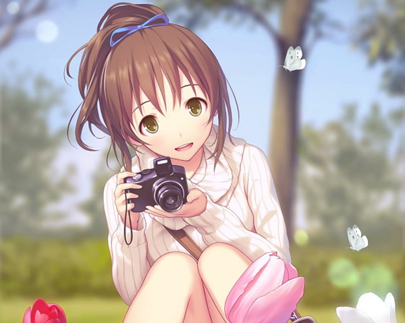 Taking some, female, wings, brown hair, camera, yellow eyes, wing, sexy,  cute, HD wallpaper | Peakpx