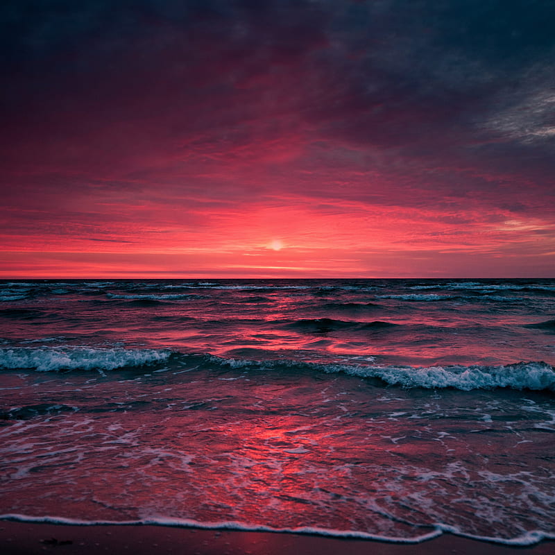 Sunset, beach, landscape, orange, pink, red, sea, sun, HD phone wallpaper