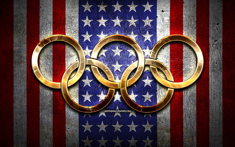 United States olympic team, golden olympic rings, United States at the Olympics, creative, US flag, metal background, USA Olympic Team, flag of United States, american flag, HD wallpaper
