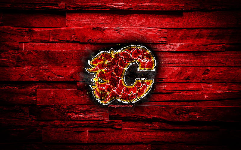 Calgary Flames, fiery logo, NHL, red wooden background, american hockey team, grunge, Western Conference, hockey, Calgary Flames logo, fire texture, USA, HD wallpaper