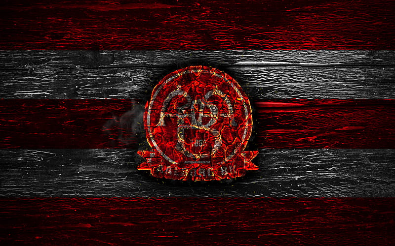 Aalborg FC, fire logo, Danish Superliga, red and white lines, Danish football club, Aalborg BK, grunge, football, soccer, Aalborg logo, wooden texture, Denmark, HD wallpaper