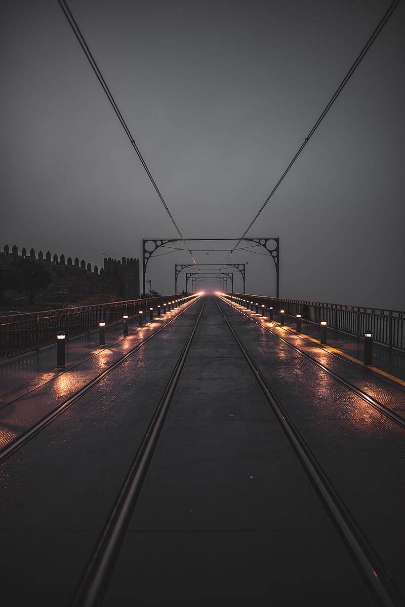 rails, railroad, lights, wet, backlight, HD phone wallpaper