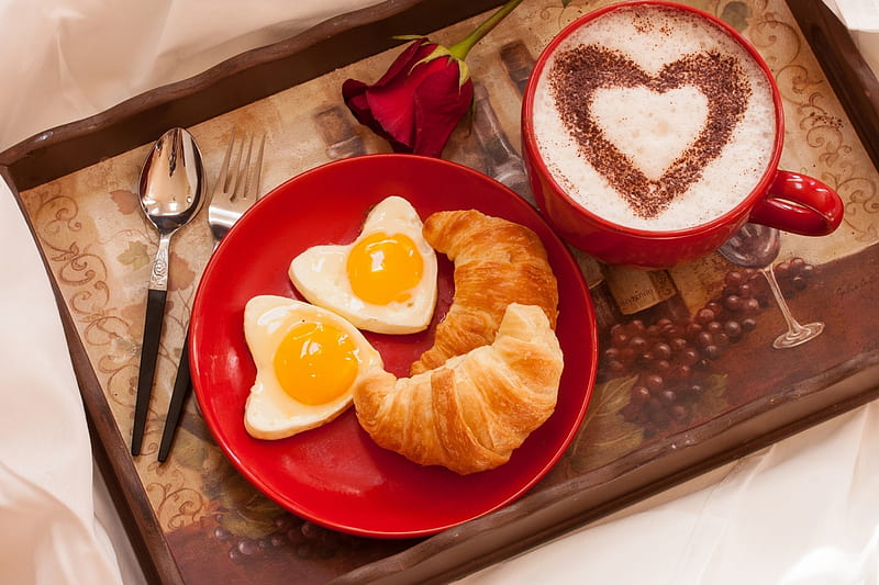 ღ, valentines day, rose, heart, flower, breakfast, croissant, HD wallpaper