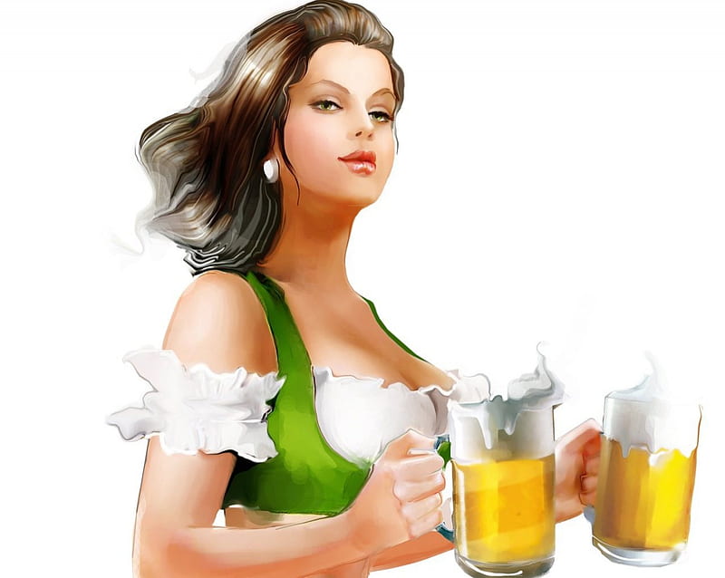 Beer Maid, painting, berr, woman, mugs, HD wallpaper
