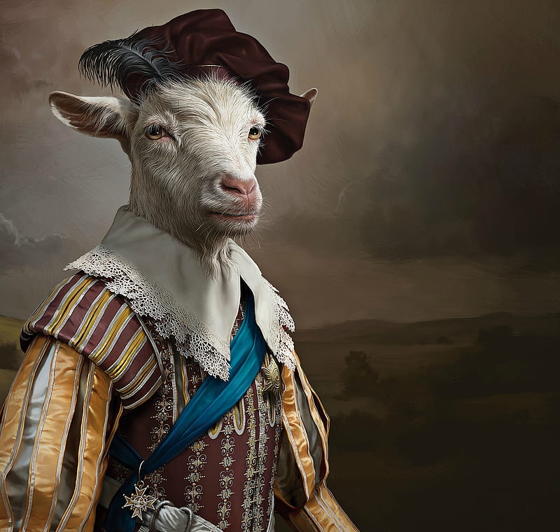 :D, fantasy, goat, lord, funny, creative, animal, hat, HD wallpaper