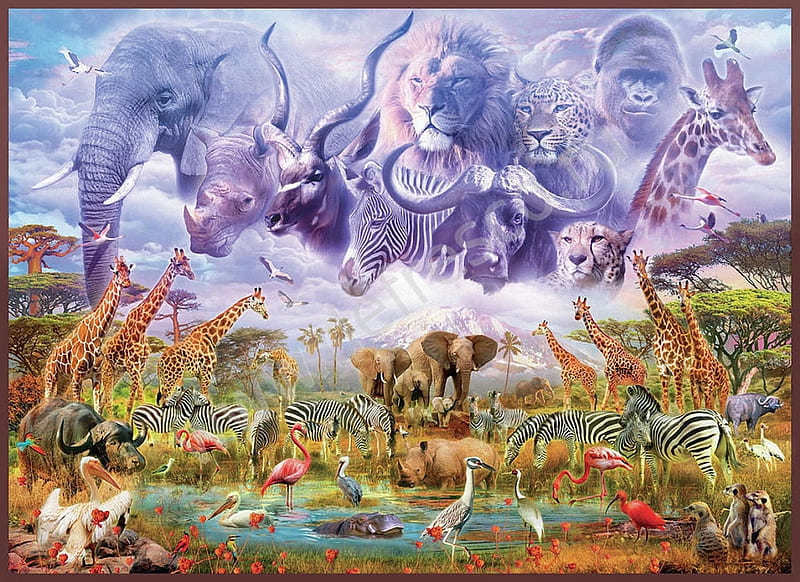 Waterhole Guardians, elephants, buffaloes, monkeys, birds, artwork, mountain, painting, zebras, lions, animals, HD wallpaper