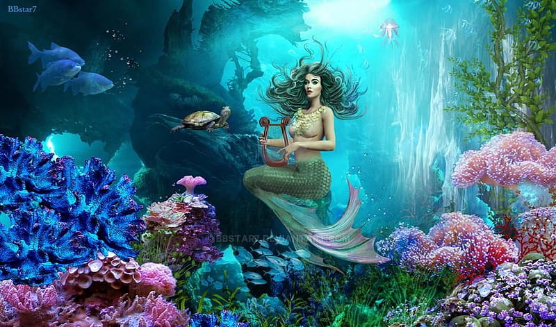 Beautiful Mermaid, fishes, lovely, ocean, Sealife, Colorful, mermaid, Harp, sea, HD wallpaper