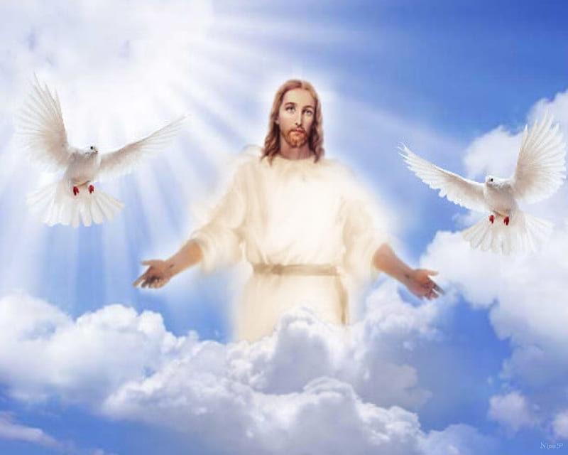 The Resurrection of Jesus, Jesus, Easter, Resurrection, heaven, pigeons, clouds, HD wallpaper