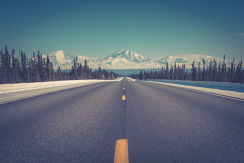 Open Road To Mountains , road, mountains, nature, snow, HD wallpaper