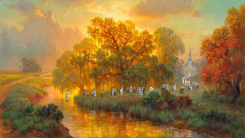 Baptism by Abraham Hunter, artwork, river, fall, trees, colors, people, church, sunset, painting, HD wallpaper