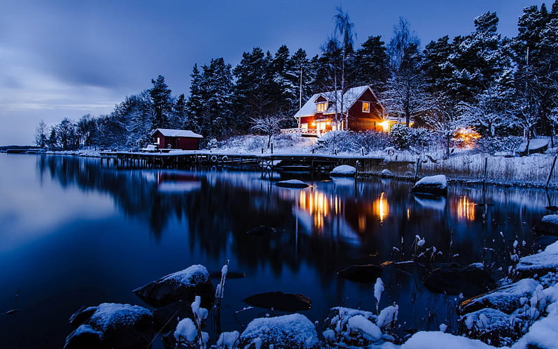 Warm lights, Sweden, forest, house, North, lake, winter, snow, nature, reflection, Norway, scene, landscape, HD wallpaper